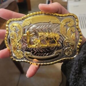 Gold cowboy man of faith at cross with horse  Belt buckle